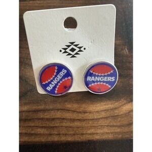Texas Rangers Baseball Stud Earrings Round Silver Tone Logo Game Day Jewelry